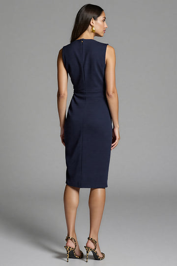 V-Neck Navy Bodycon Ruched Midi Work Dress